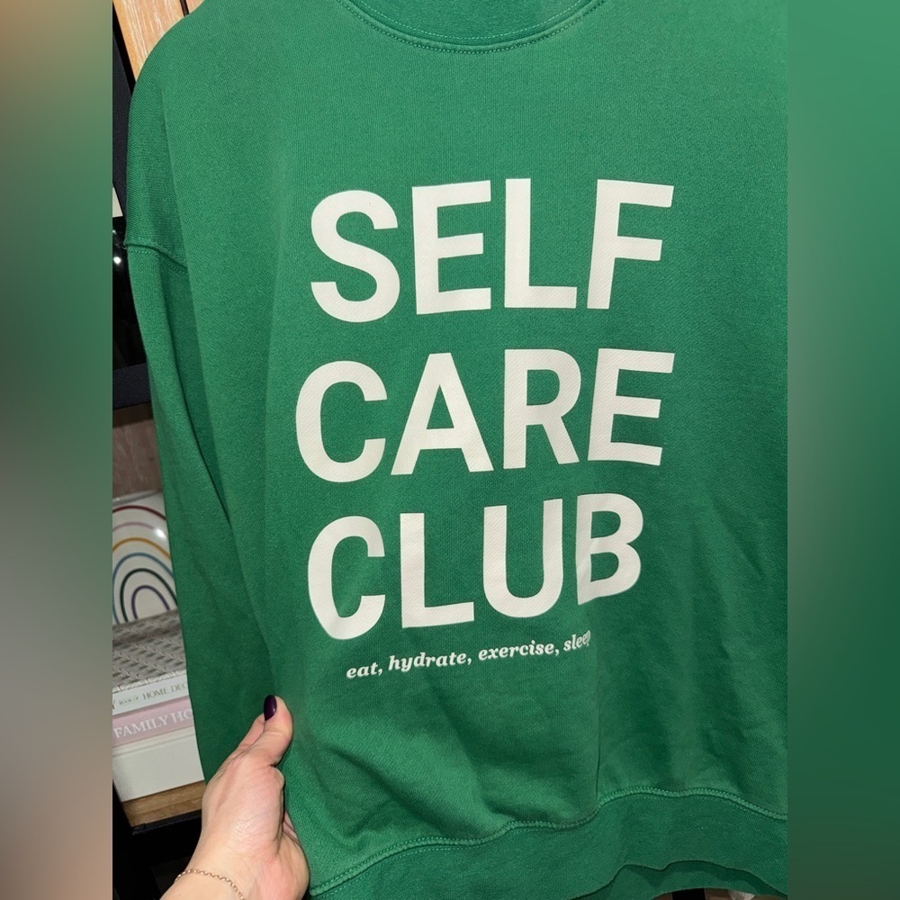 H&M Self Care Club crewneck pullover sweatshirt sporty rich ribbed kelly green - Picture 6 of 7